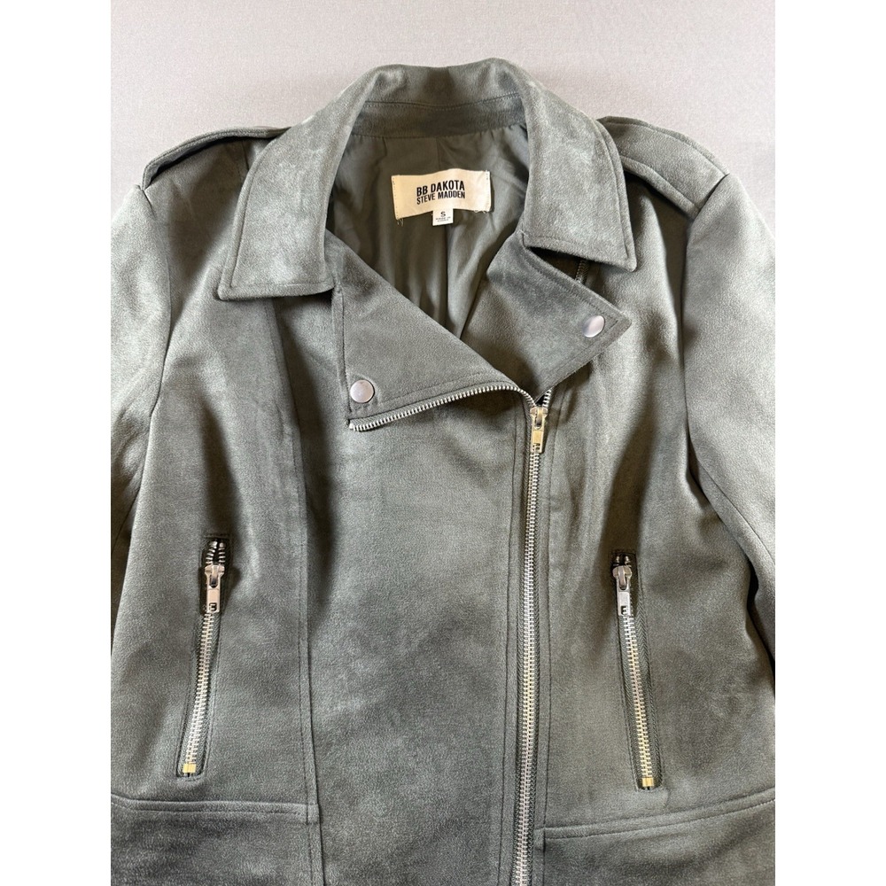 BB Dakota Steve Madden Faux Suede Moto Jacket Vegan Green Asymmetric Zip Small - Picture 4 of 14